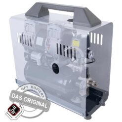 Ölfreier Leiselauf Kompressor tragbar als Koffergerät mit einem Drucklufttank und Druckluftmanometer in grau